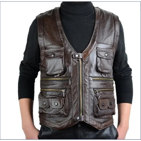 Cowhide Leather Motorcycle Photography Vest Waistcoat Jacket Men Size XL Brown - Picture 1 of 16